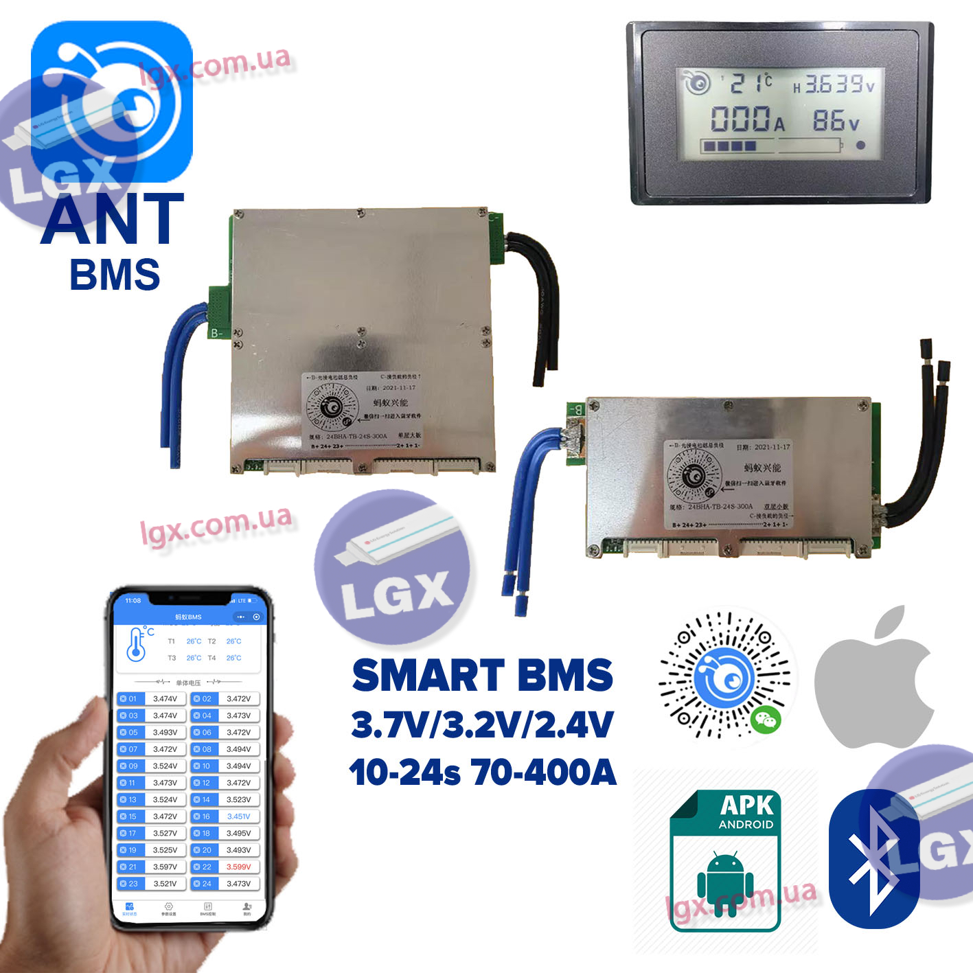 Smart SMART BMS ANT 10-24s 110-450A Симетричная ONE|DOUBLE Активный Баласир 200mAh Li-ion, LiPo, LifePO4, LTO, NMC, LiHV Вес 450-730g Bluetooth Android IOS PC APP APK