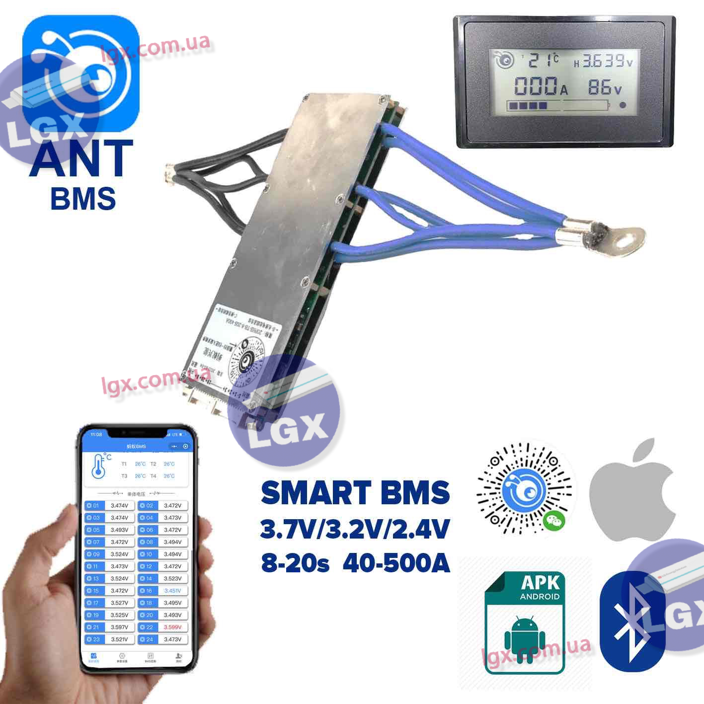 Smart SMART BMS ANT 8-20s 60-500A Симетричная  Активный Баласир 50mAh Li-ion, LiPo, LifePO4, LTO, NMC, LiHV Вес 300-750g Bluetooth Android IOS PC APP APK