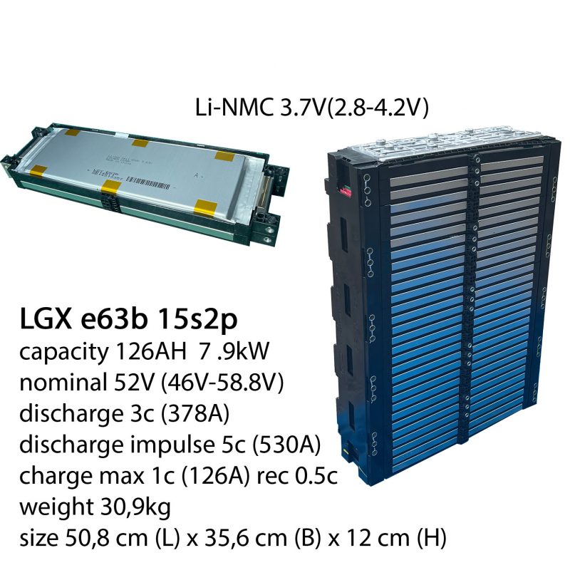 Аккумуляторный Модуль 15s2p LG e63B химия NMC 54v емкость 126А/Ч разряд 3-5c 2000 циклов 35000грам